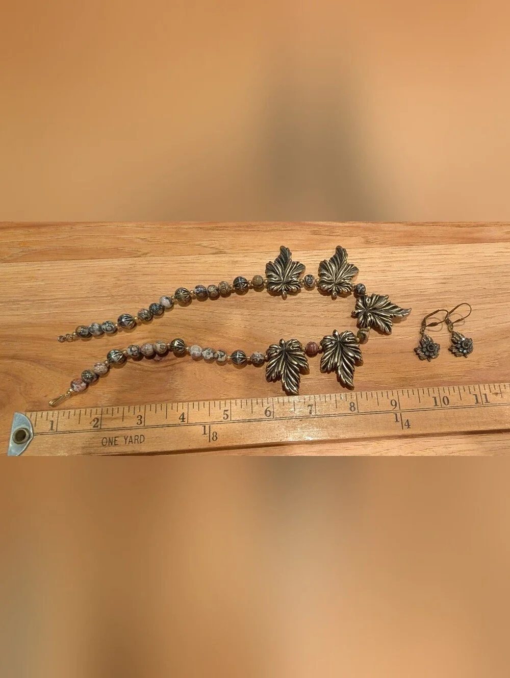 Leaf Pendant Bead Necklace and Earrings Set - Antiqued Gold and Jasper Stone